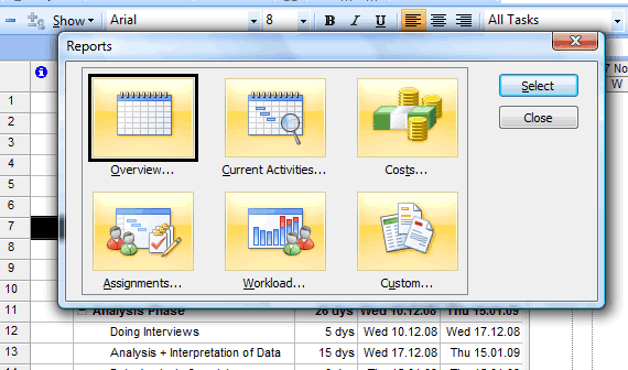 Select the information you are interested in from the Reports dialog box